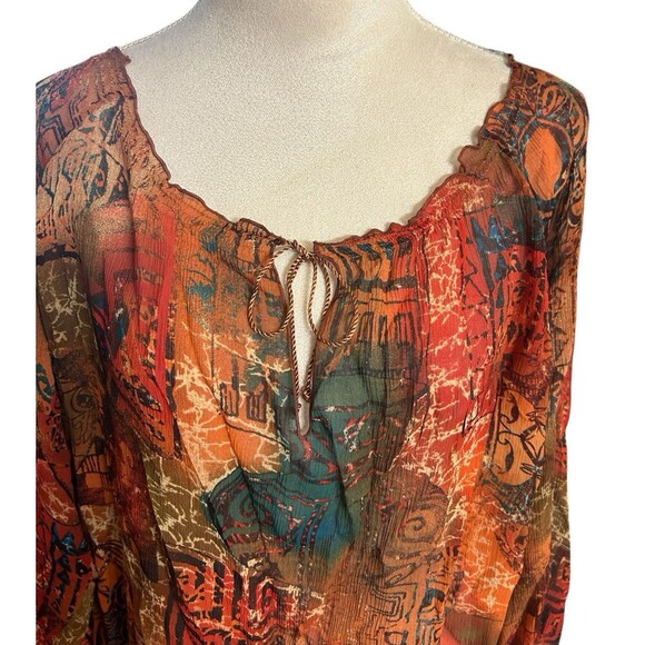 Chico's 100% Silk Sheer Paisley  Boho Brown Tie Neck Dolman Long Sleeves Top 3 - Picture 2 of 8